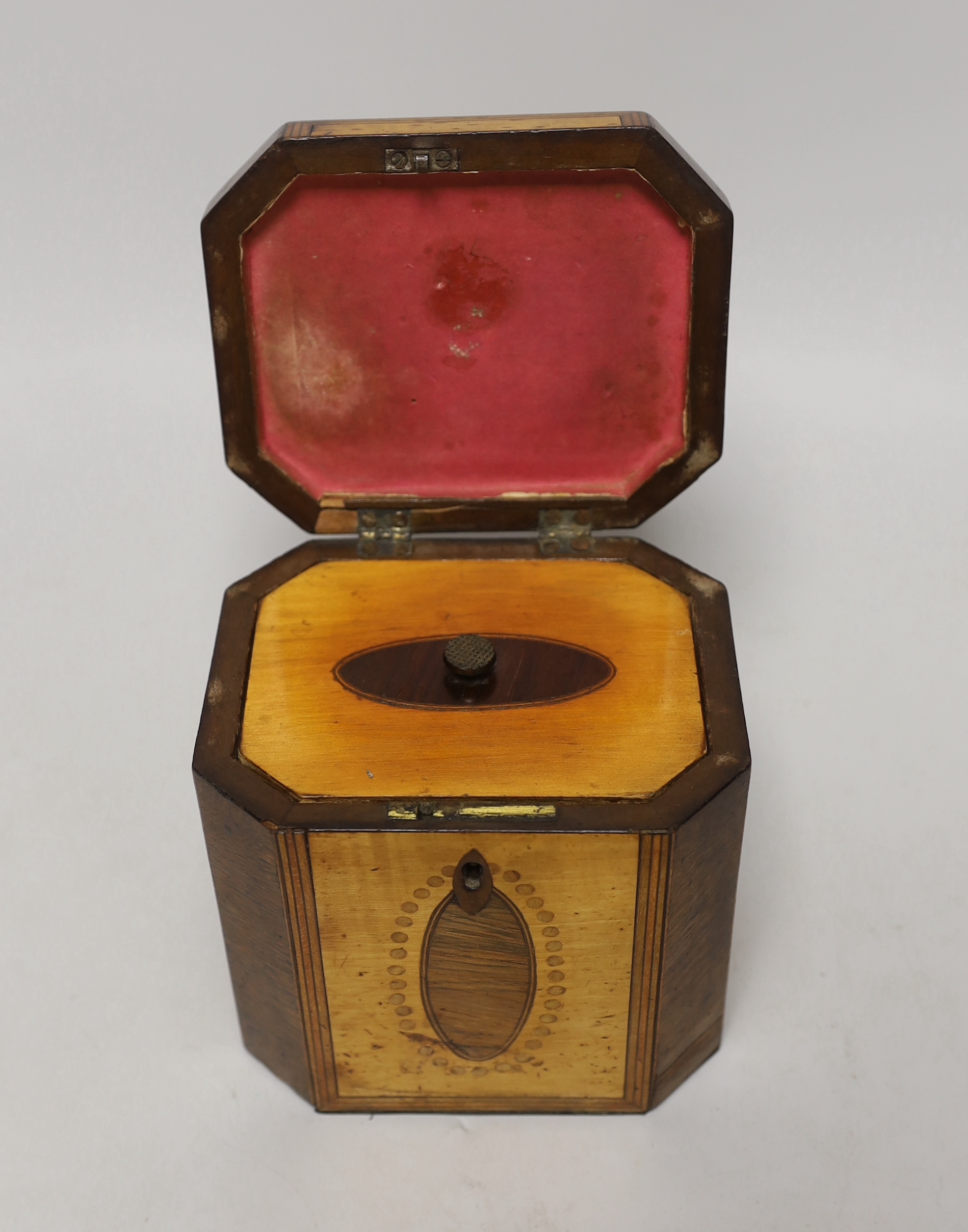 A George III sycamore and rosewood octagonal tea caddy, 13cm